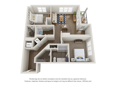 Floor plan for 2 beds, 2 baths, 1053 sqft
